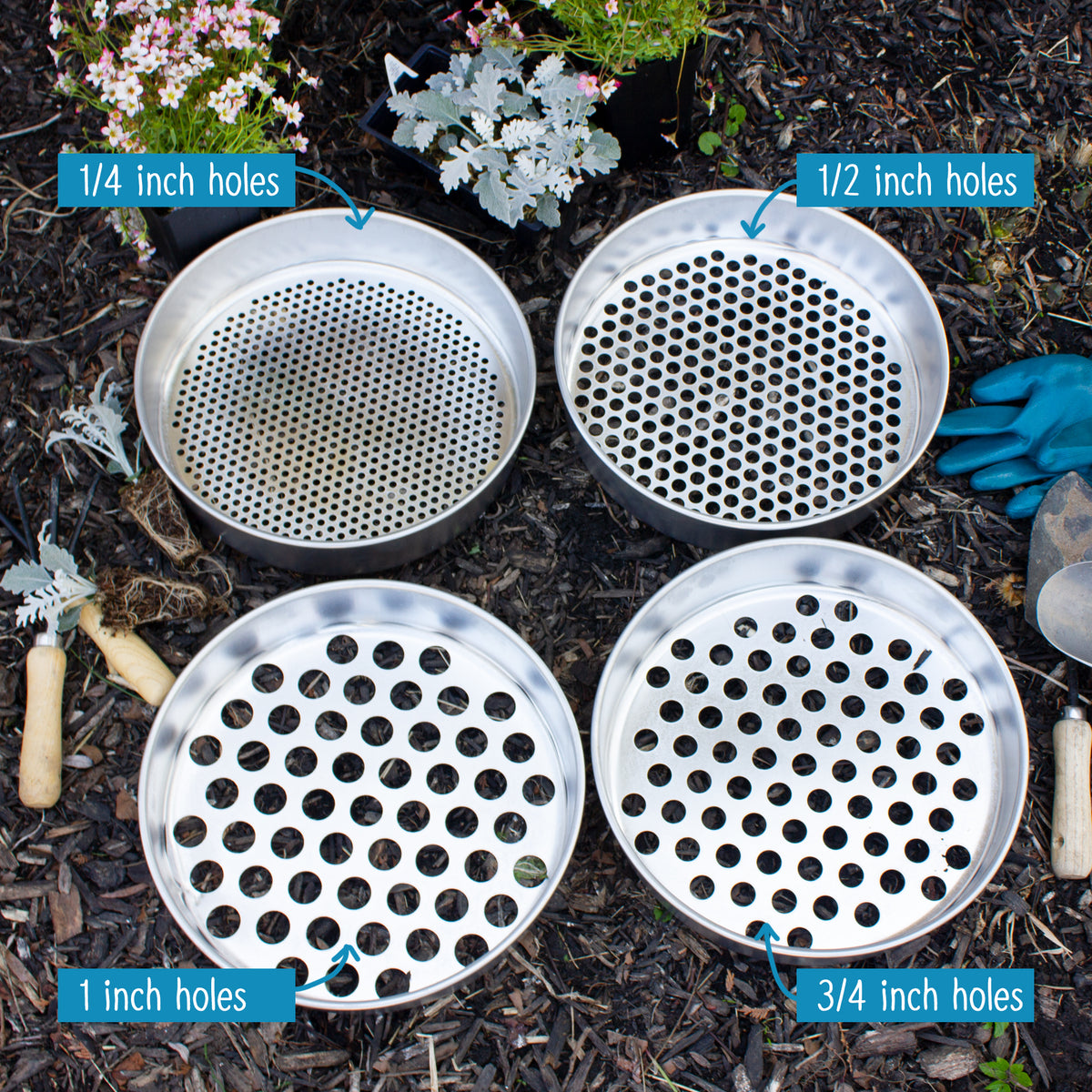 Round 12 inch Metal Garden Sifter - Multiple Size Hole Variations