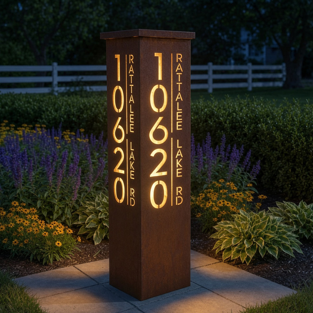 Large Rusted Metal Address Column : Address Pillar with Solar Light