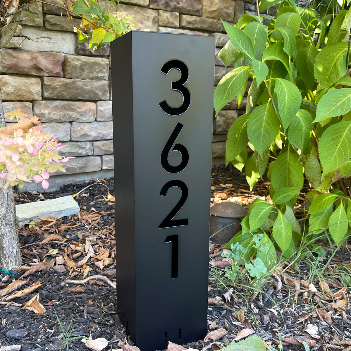 Satin Black House Number Column : Modern Address Column with Solar Light