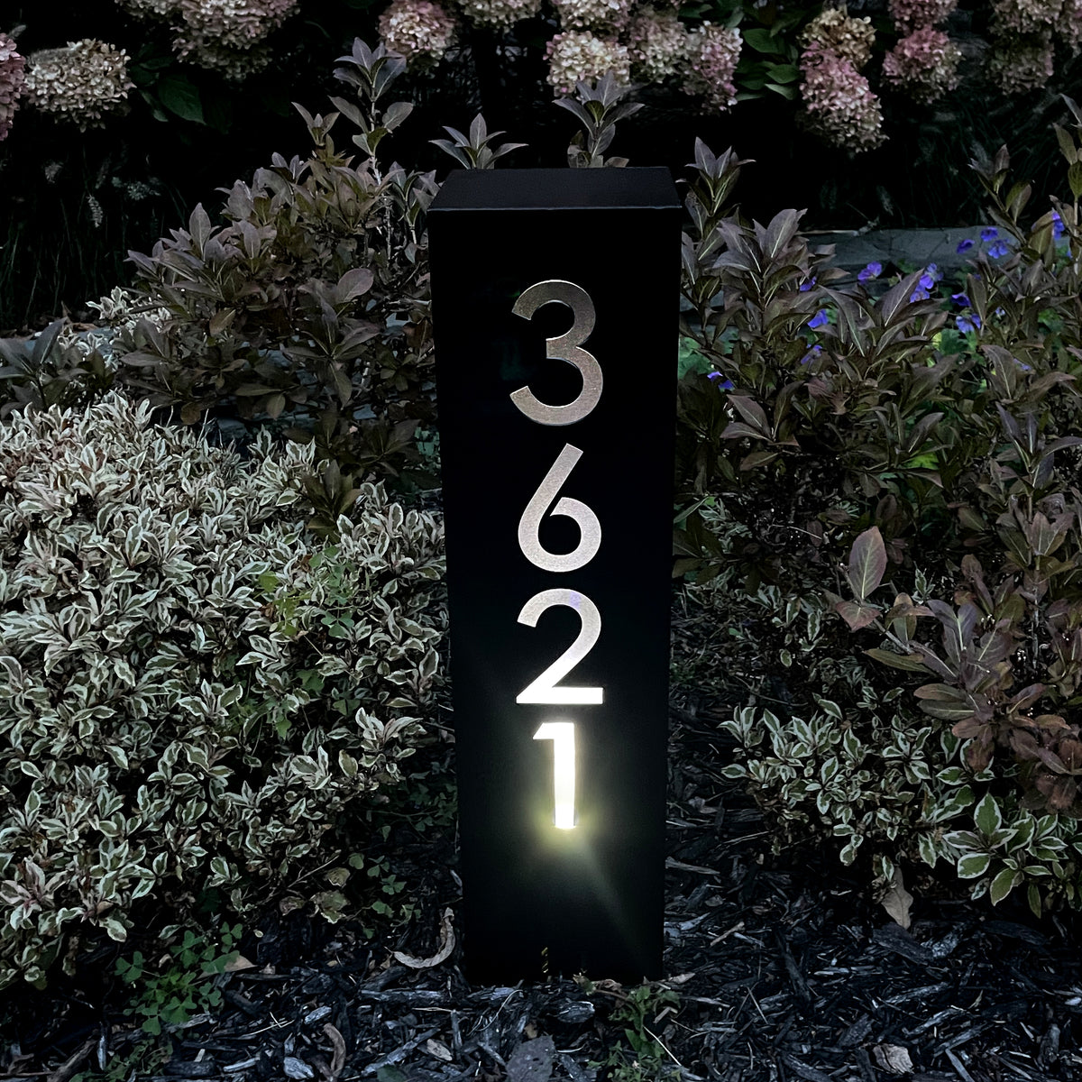 Satin Black House Number Column : Modern Address Column with Solar Light