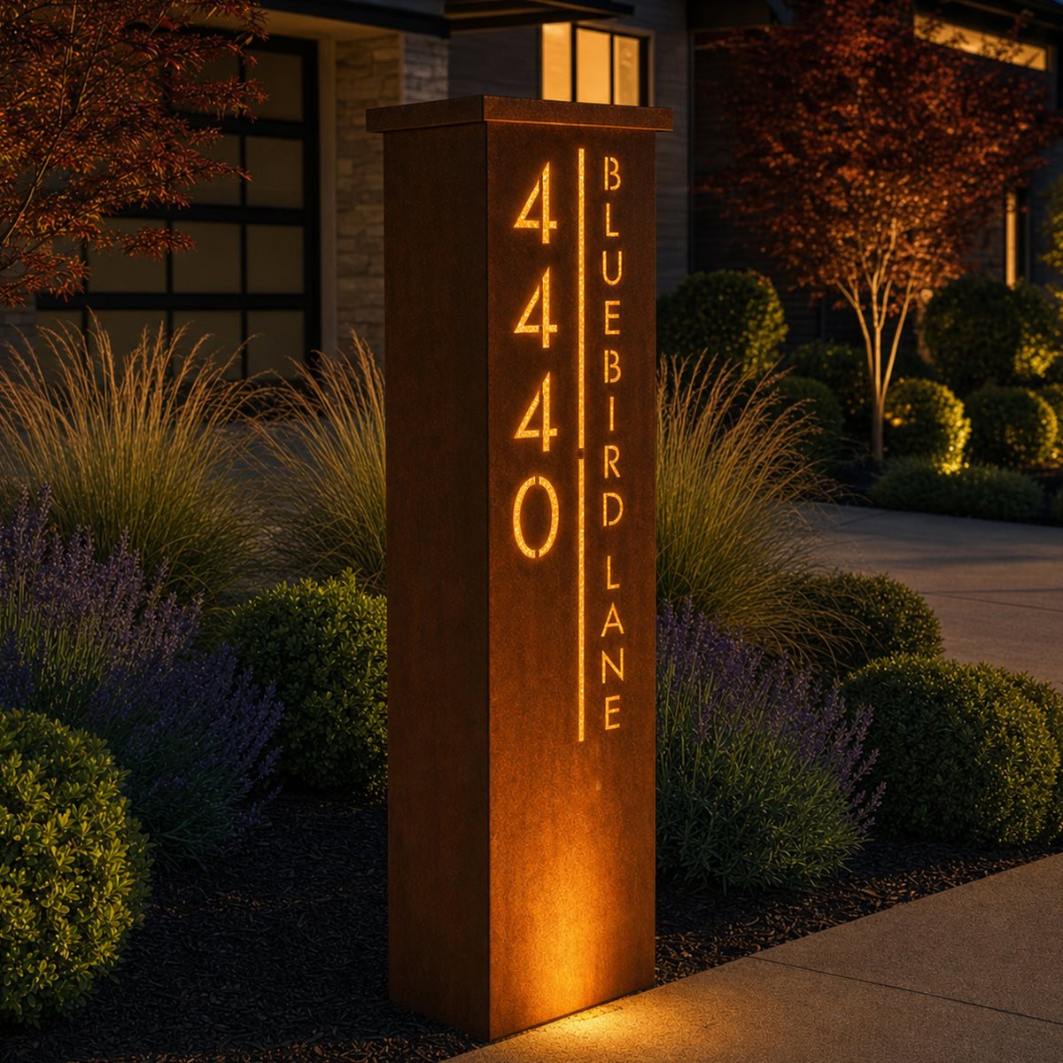 Large Rusted Metal Address Column : Address Pillar with Solar Light