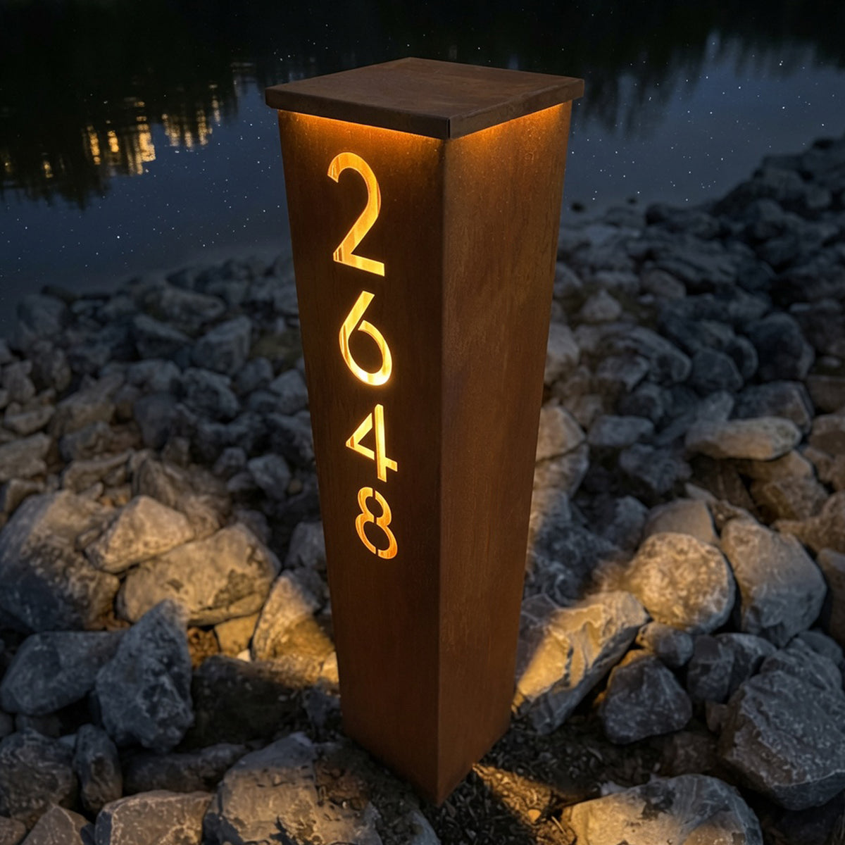 Large Rusted Metal Address Column : Address Pillar with Solar Light