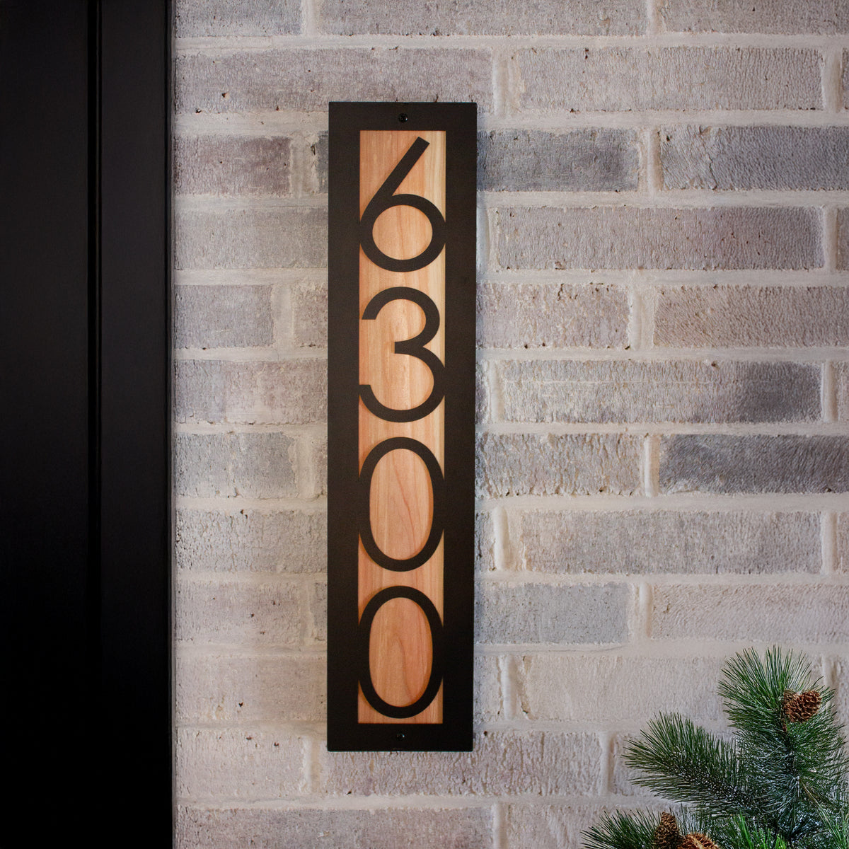 Modern Vertical Metal &amp; Cedar House Number Sign | Mid-Century