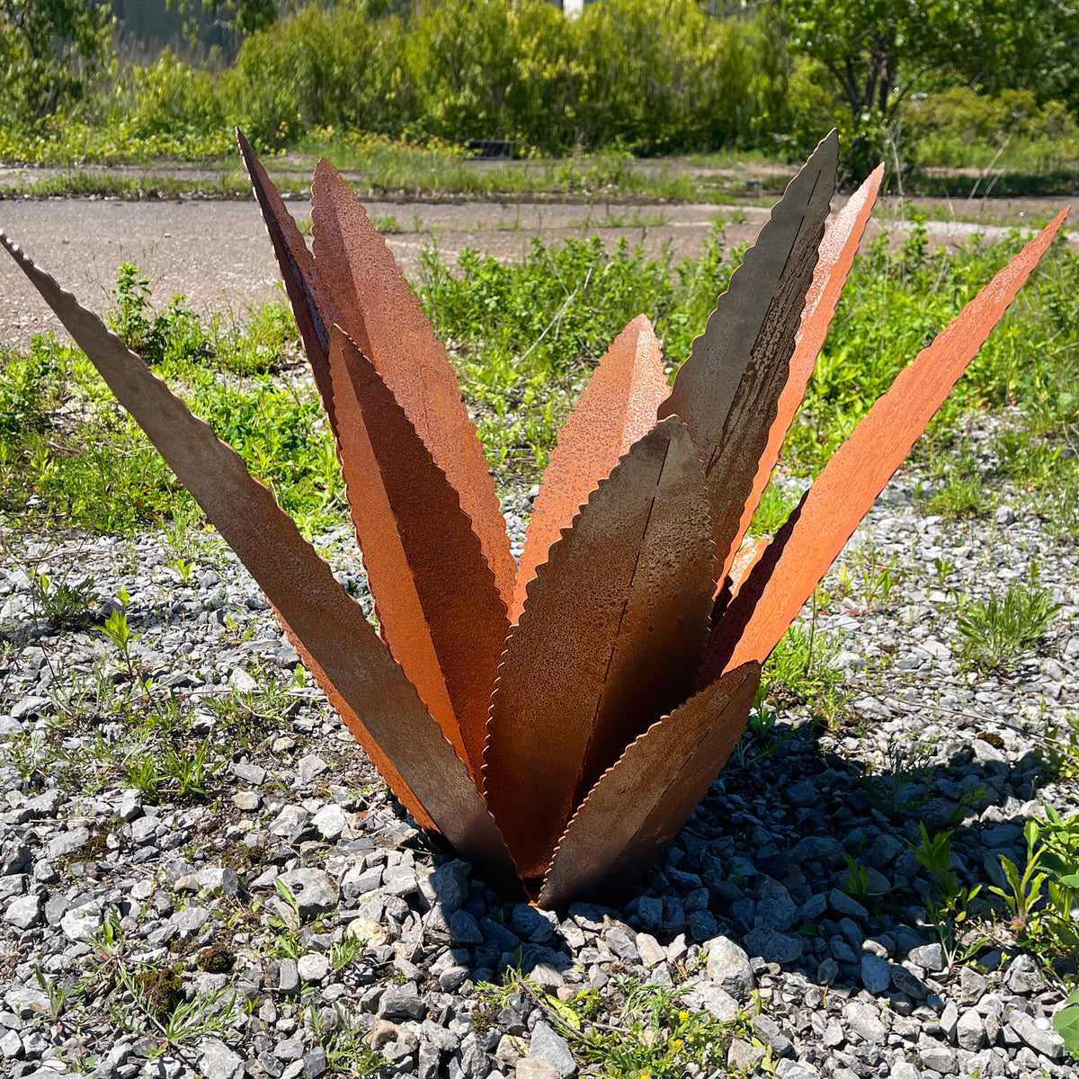 Rusted Steel Agave Cactus Garden Sculpture: Southwestern Landscape Art