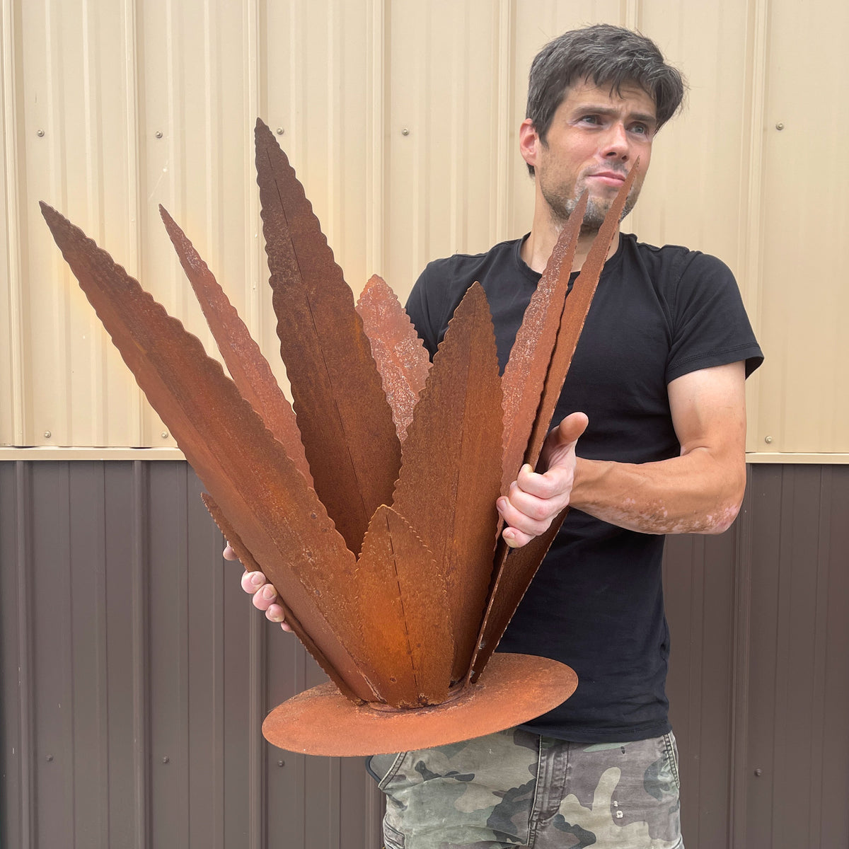 Rusted Steel Agave Cactus Garden Sculpture: Southwestern Landscape Art