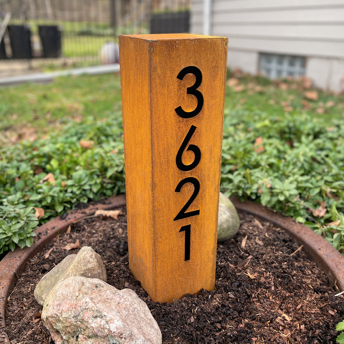 Rusted Metal House Number Column : Modern Address Column with Solar Light
