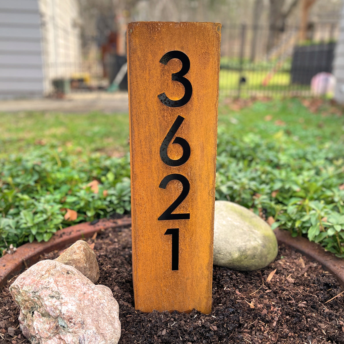 Rusted Metal House Number Column : Modern Address Column with Solar Light