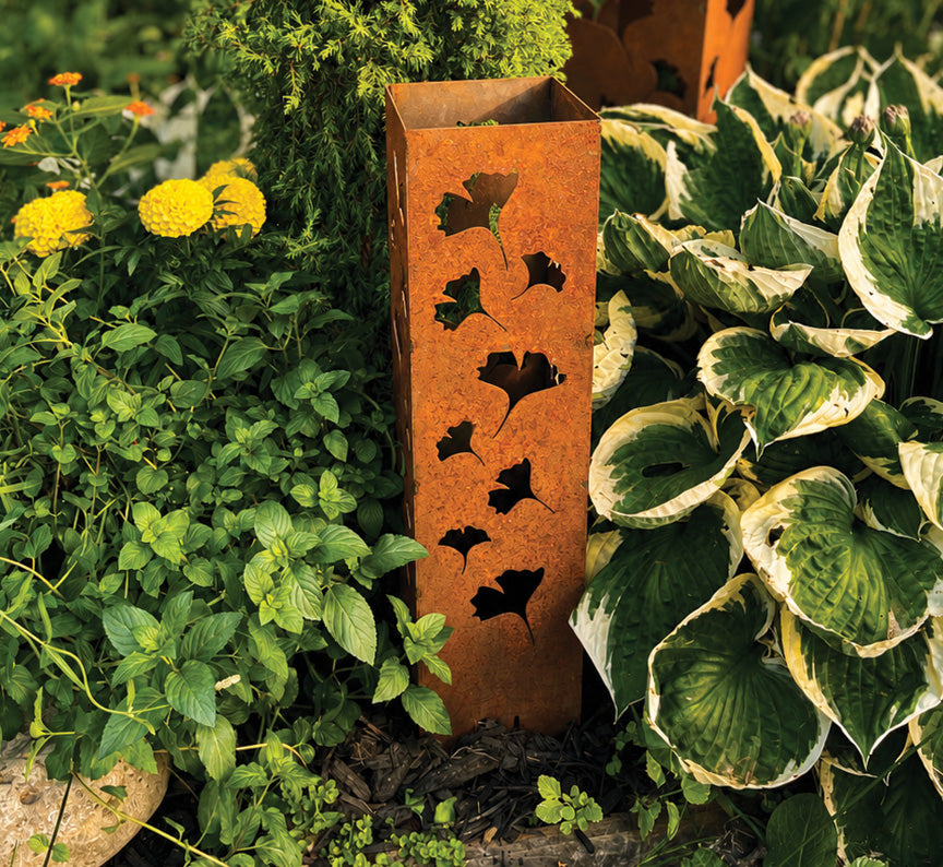 Rusted Metal Ginkgo Garden Column | Rusted Ginkgo Garden Art
