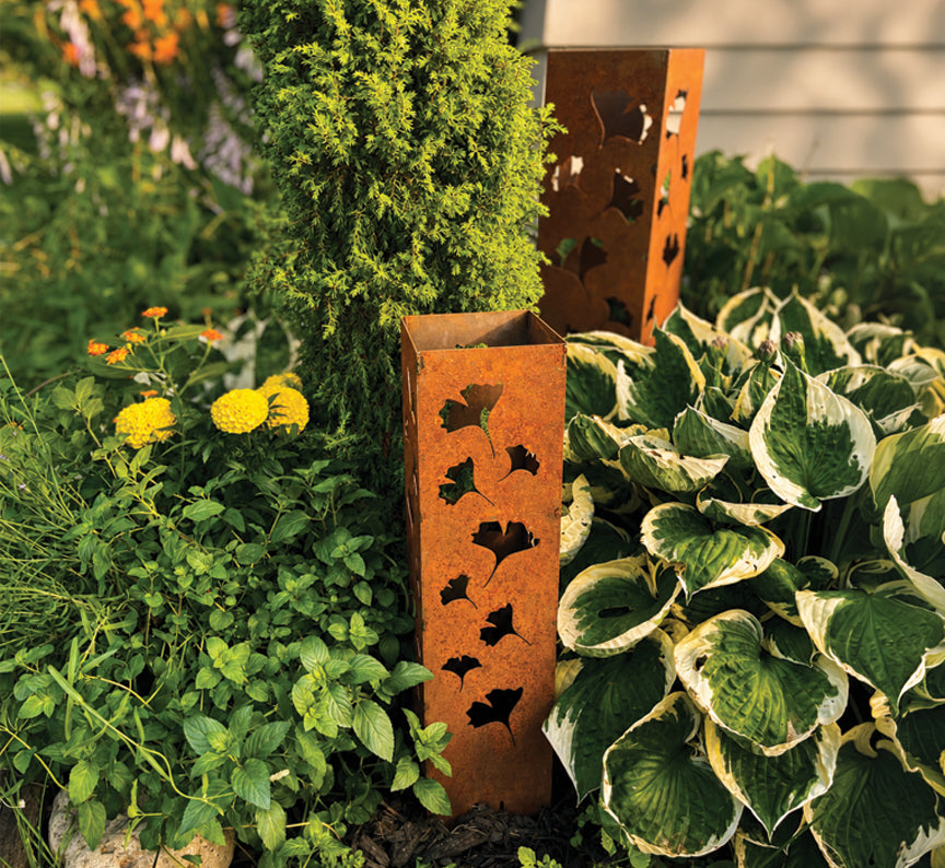 Rusted Metal Ginkgo Garden Column | Rusted Ginkgo Garden Art