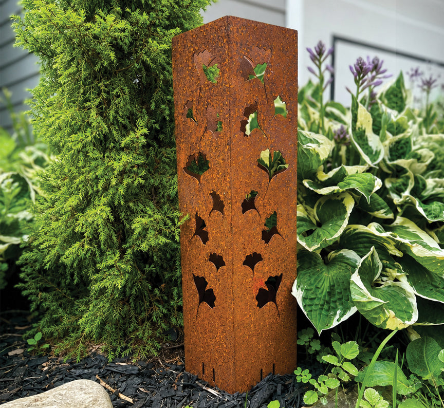 Rusted Metal Ginkgo Garden Column | Rusted Ginkgo Garden Art