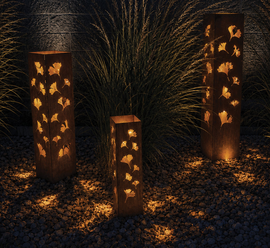 Rusted Metal Ginkgo Garden Column | Rusted Ginkgo Garden Art