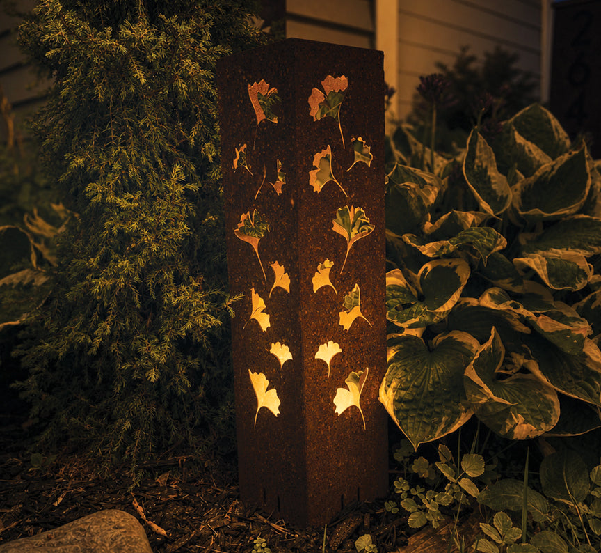 Rusted Metal Ginkgo Garden Column | Rusted Ginkgo Garden Art
