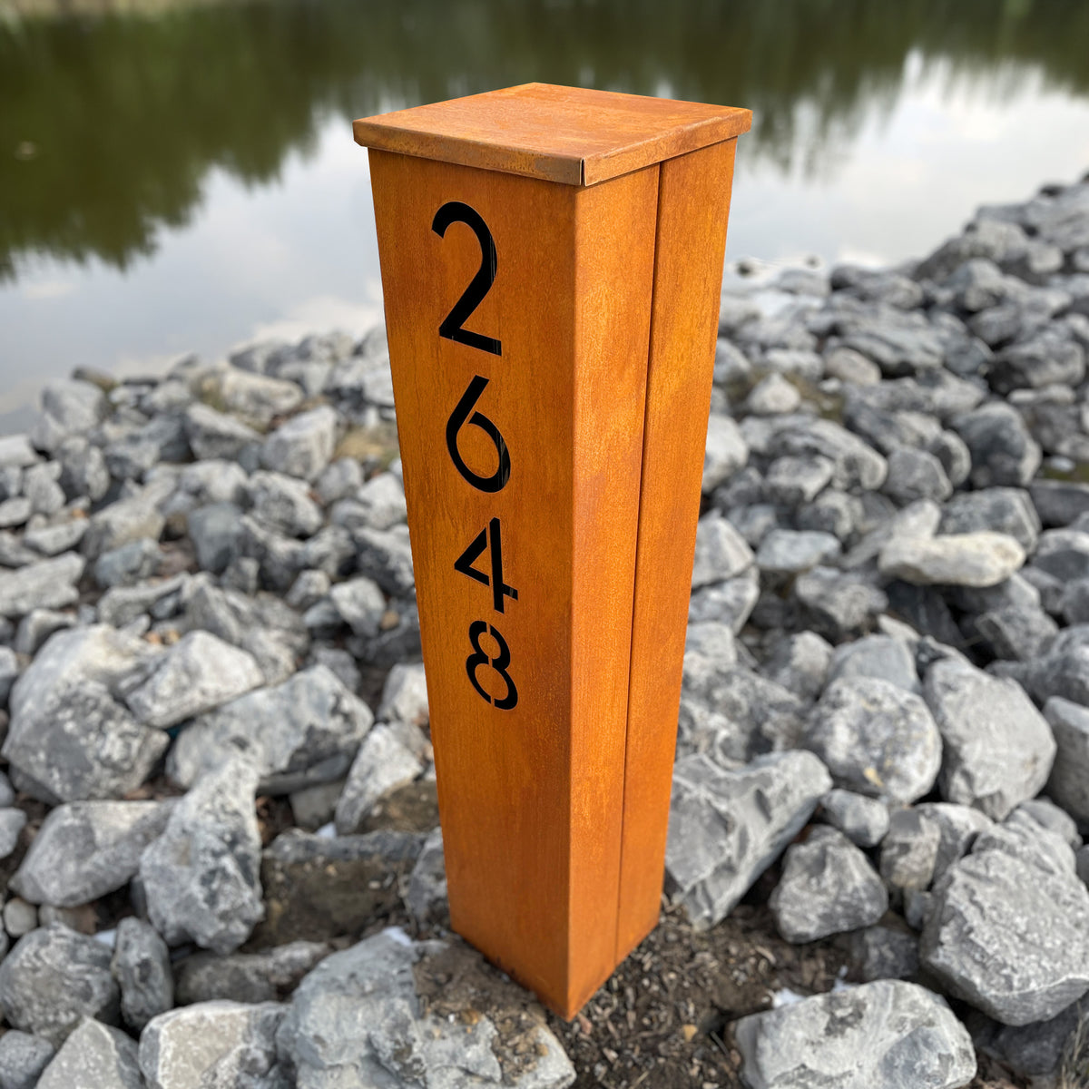 Large Rusted Metal Address Column : Wide & Tall Modern Address Column with Solar Light