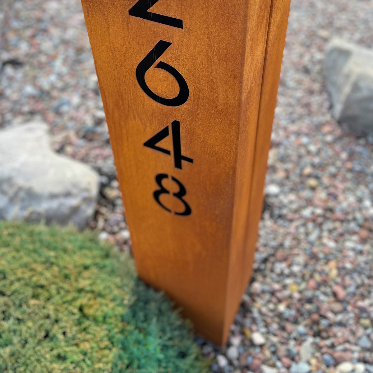 Large Rusted Metal Address Column : Wide & Tall Modern Address Column with Solar Light