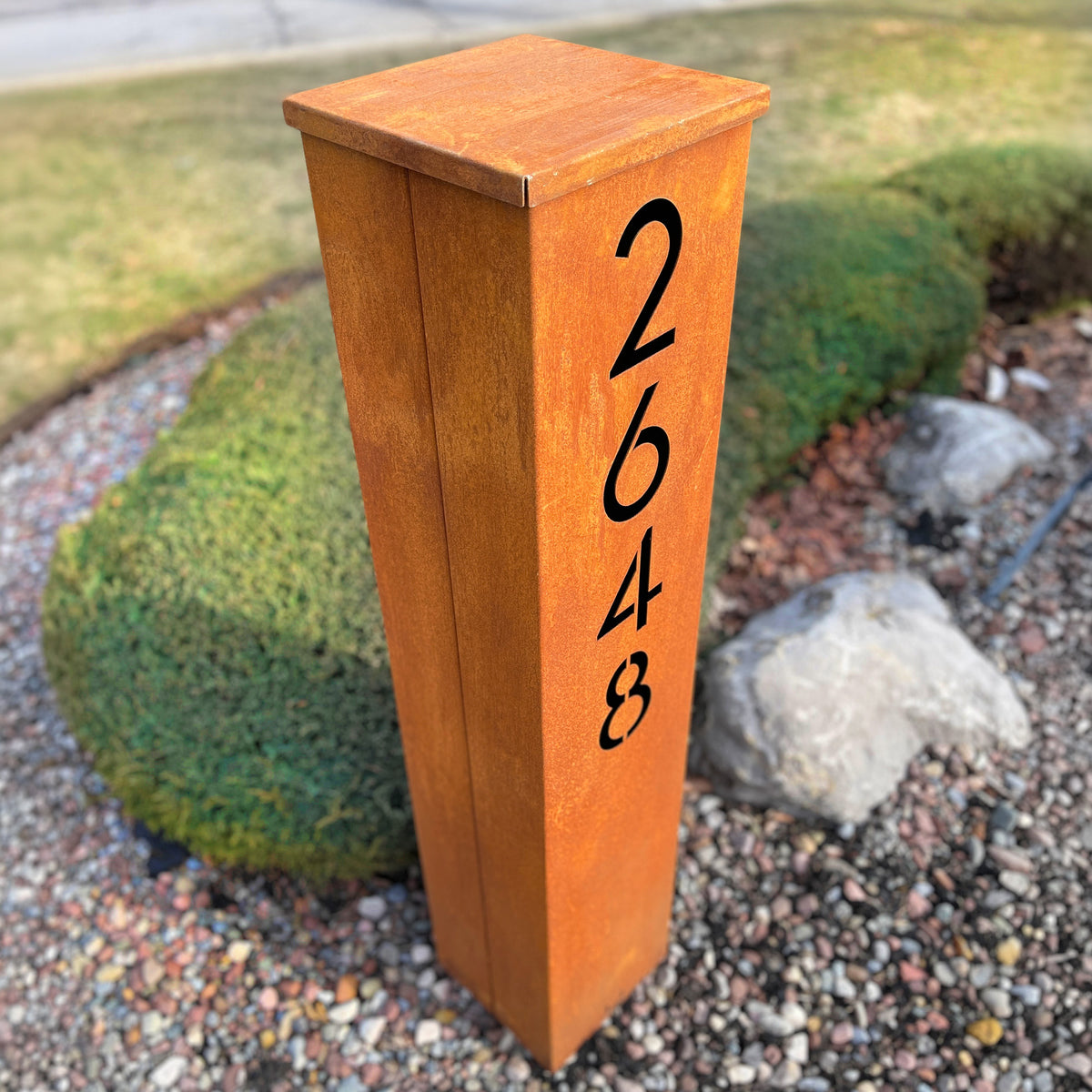 Large Rusted Metal Address Column : Wide & Tall Modern Address Column with Solar Light