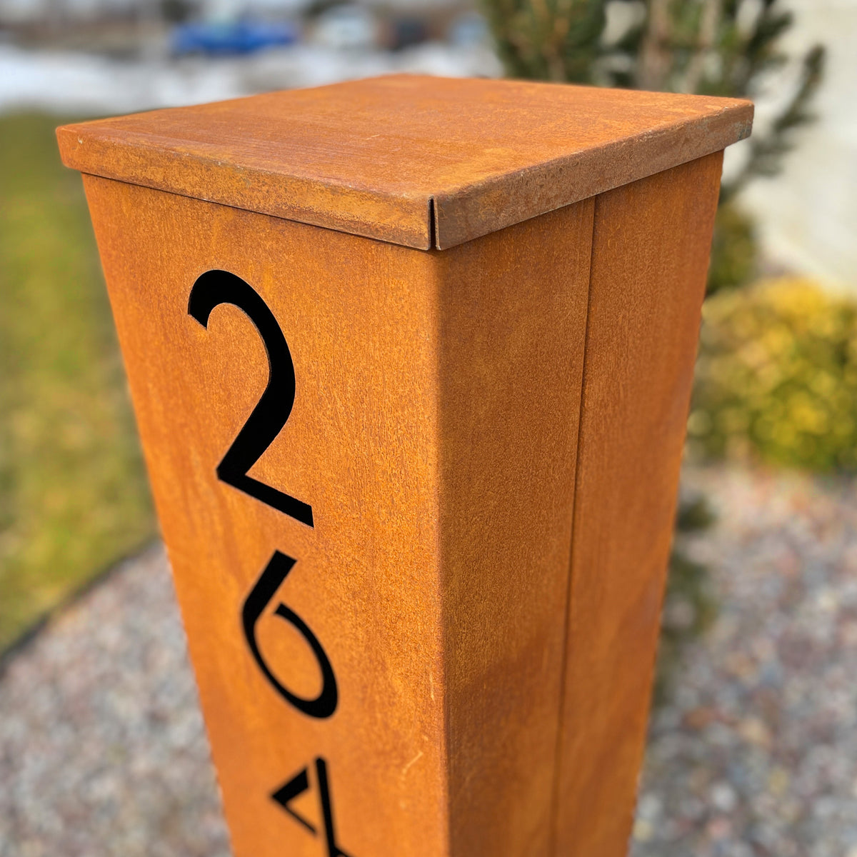 Large Rusted Metal Address Column : Wide & Tall Modern Address Column with Solar Light