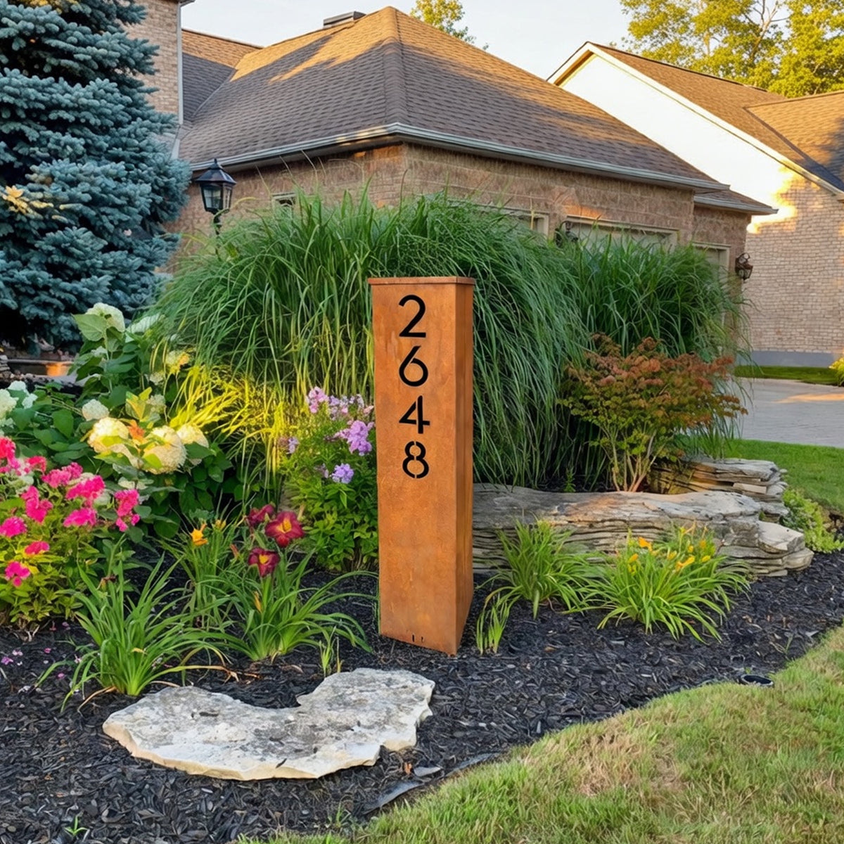 Large Rusted Metal Address Column : Wide & Tall Modern Address Column with Solar Light