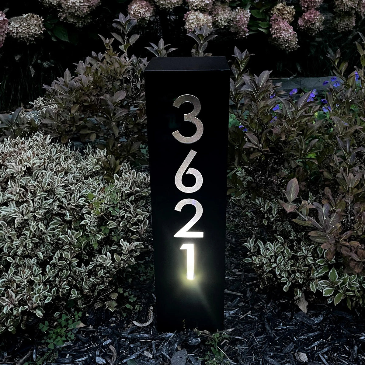 Modern Column House Number Sign: Black Finish with Solar Light