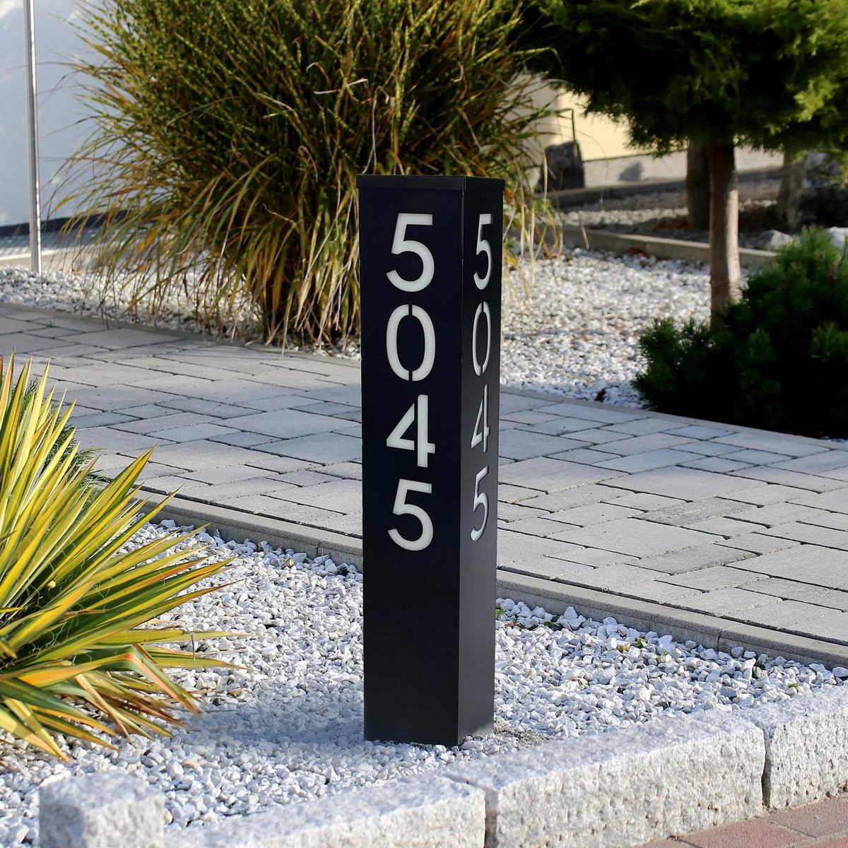 Modern Column House Number Sign: Black Finish with Solar Light