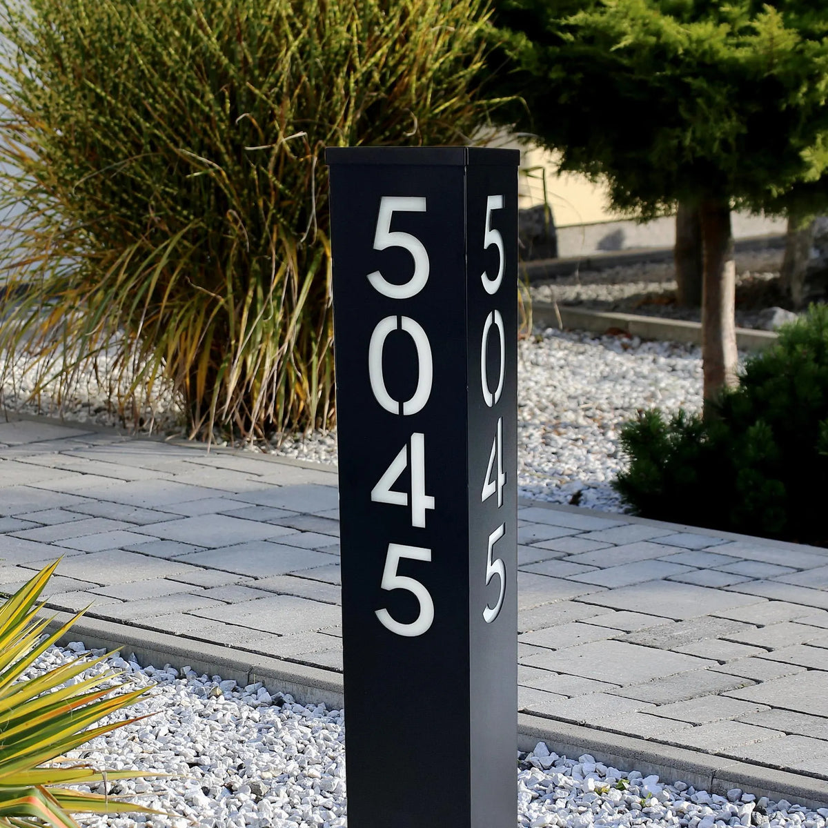 Modern Column House Number Sign: Black Finish with Solar Light