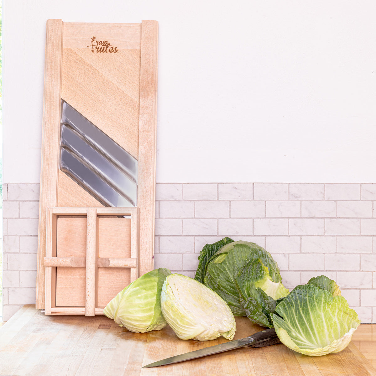 Raw Rutes - Compact Wooden Cabbage Shredder with Hand Guard